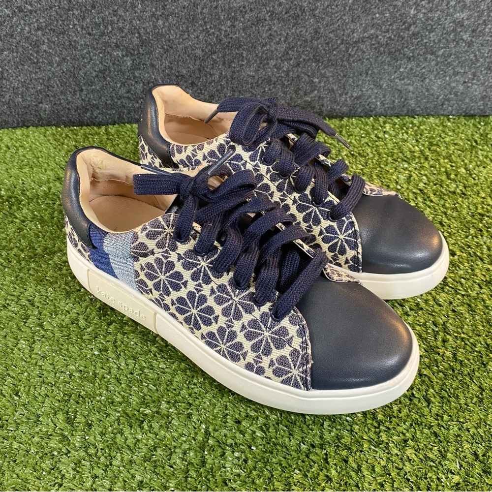 Kate Spade Keswick Jacquard Flower Sneakers Women’s 7B Light Taupe and Navy Blue